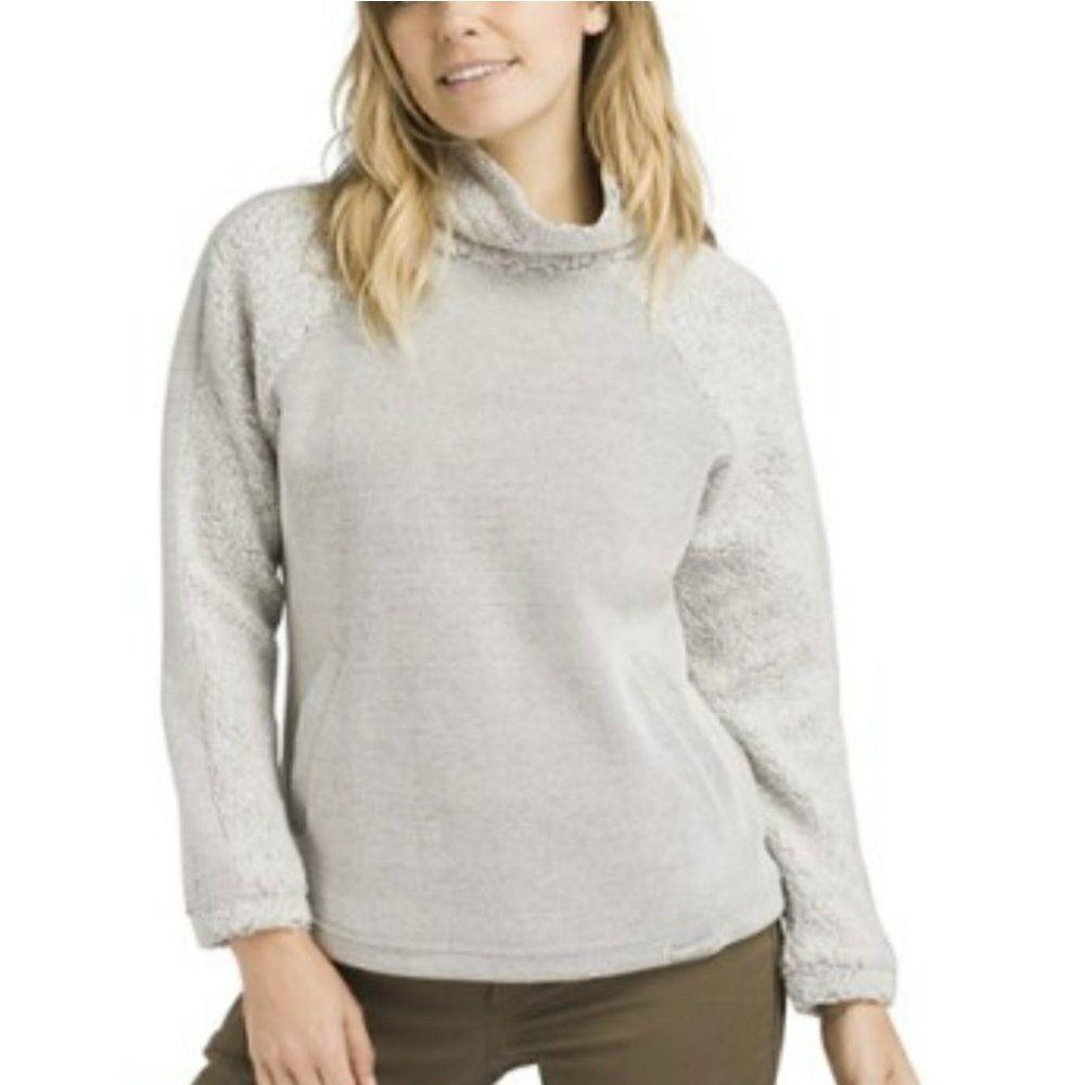 Prana Lockwood Sweater Wool Blend Bone Heather Gray Mock Neck Women XS